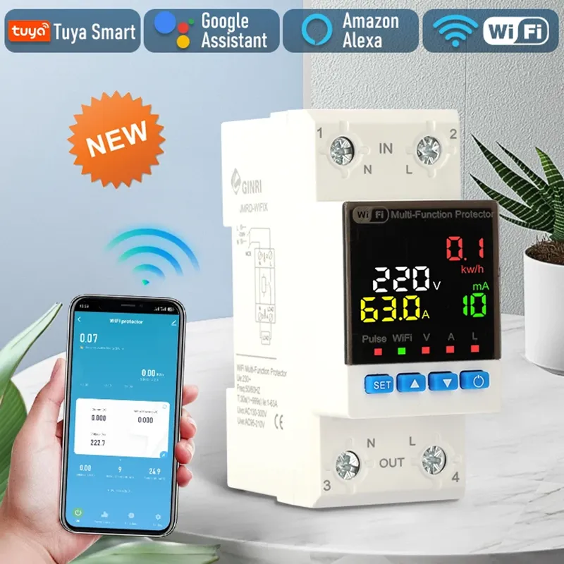 TUYA WiFi Smart 63A AC 220V Over Under Circuit Earth Leakage Voltage Protector Relay Device Breaker Switch Meter
