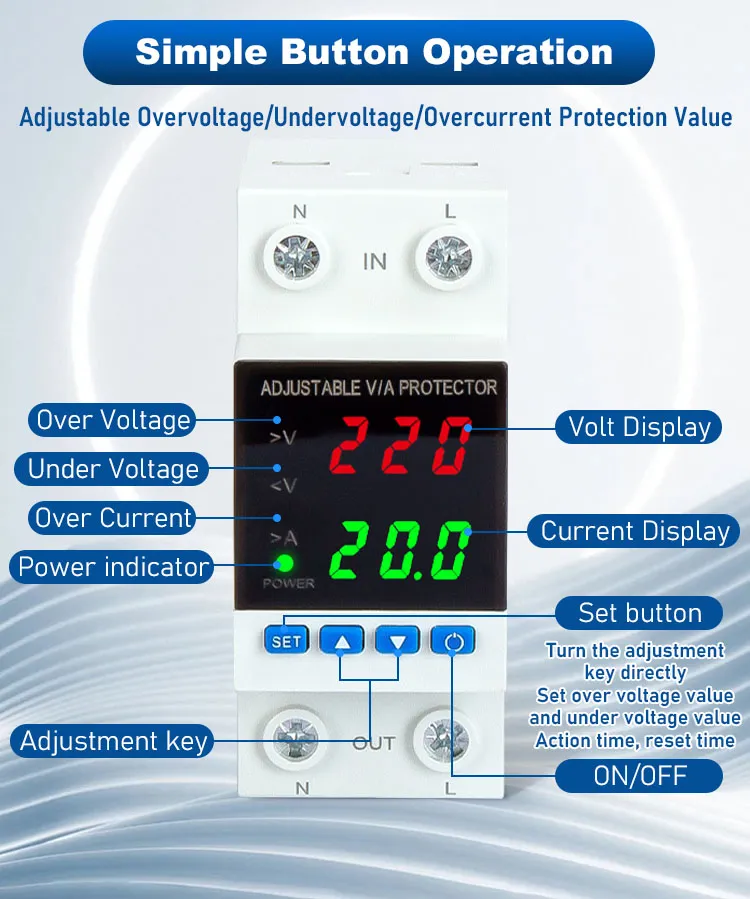 Din Rail 2P 63A AC Adjustable Overvoltage Undervoltage Overload protection Voltage Protector